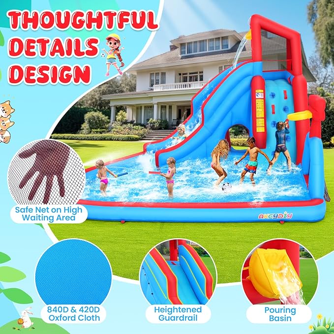 ROOJER Inflatable Water Slide for Kids Backyard 9-in-1 Blow Up Water Park with 470W Blower, Dump Bucket, Adventure Play Tunnel, Splash Pool, Climbing Wall, Cannon, Goal Shooting Zone, Basketball Hoop