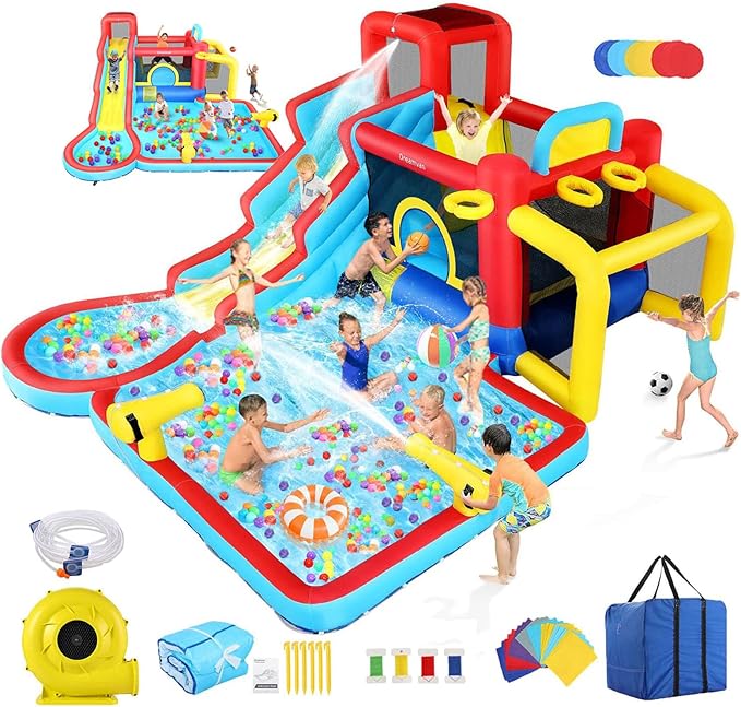 AKEYDIY Inflatable Water Slide Bounce House 13 in 1 Waterfall Waves Mega Water Slides Park |Large Water Bounce House,Splash &Blast Bouncer,Ball Toss,Soccer Gate,Water Inflatables for Kids Backyard