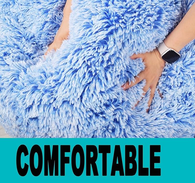 Fluffy Bean Bag Chair, 3FT Round Memory Foam Filled Bean Bag for Teens & Kids, Ultra Soft Faux Fur Fabric Bean Bag Chairs for Playroom, Living Room, Bedroom, Blue