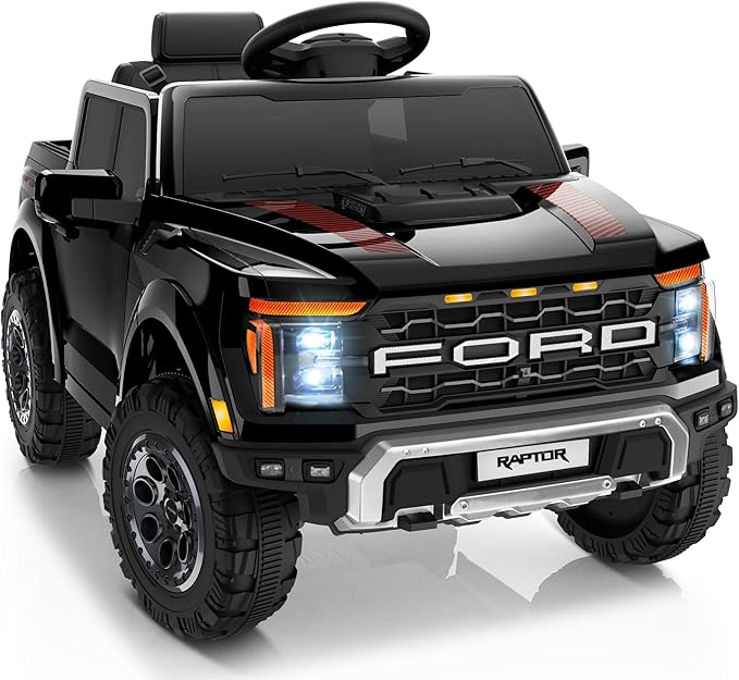 First Ride On 12V Licensed Ford F-150 Raptor Kids Ride on Toy, Ride on Truck with Parent Remote Control, Electric Car for Kids with Truck Bed Storage, 3 Point Safety Belt, LED Lights (Black)