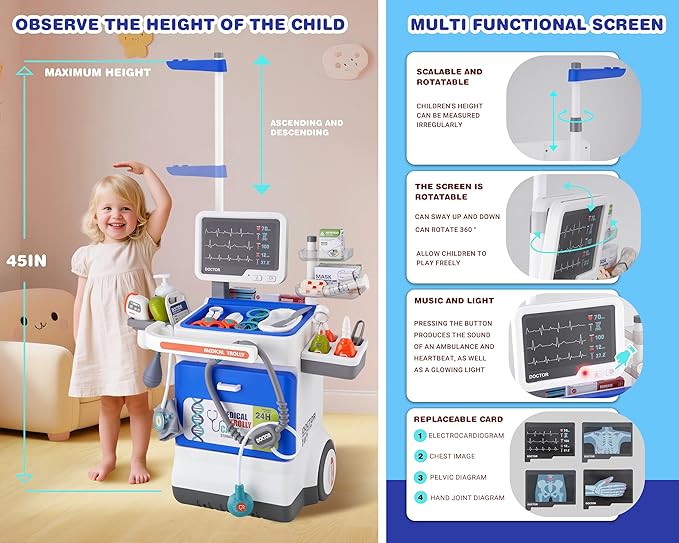 Doctor Kit for Toddlers - Deluxe Pretend Play Medical Cart Toy Set with Stethoscope ,Thermometer,Doctor Costume & Carry Bag - Educational Role Play Gift for Kids Boys & Girls Ages 3 4 5(Blue)