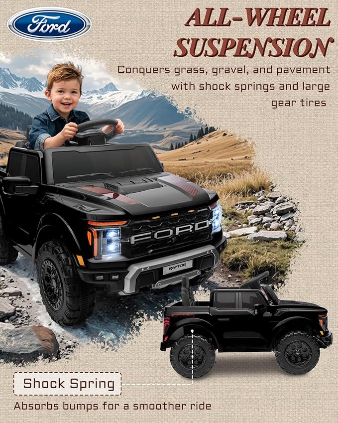 First Ride On 12V Licensed Ford F-150 Raptor Kids Ride on Toy, Ride on Truck with Parent Remote Control, Electric Car for Kids with Truck Bed Storage, 3 Point Safety Belt, LED Lights (Black)
