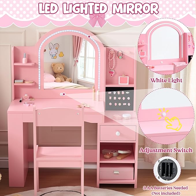 Kids Vanity Set with Lights, 2 in 1 Princess Makeup Vanity Desk with Jewelry Storage, Open Bookshelf, Storage Cabinet & Shelves for Little Girls (Pink)