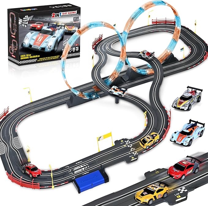 Slot Car Race Track Sets with 4 Slot Cars, 2 in 1 Electric Race Cars Track,Car Tracks,Dual Racing Game Lap Counter Circular Overpass Track, Gift Toy for Boys Kids Ages 6 7 8-12