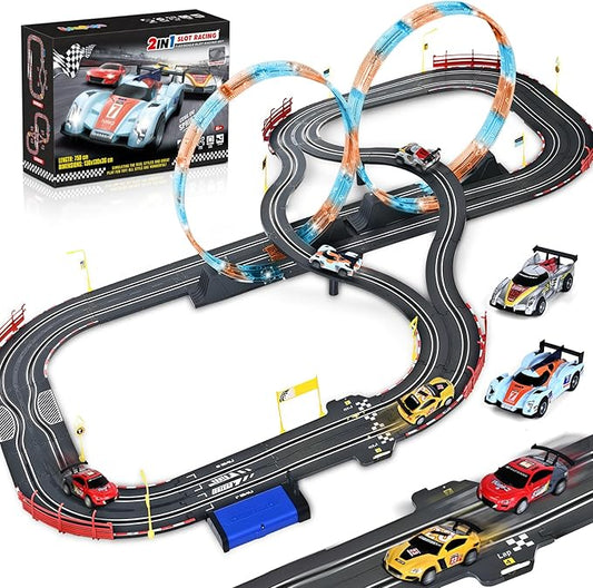 Slot Car Race Track Sets with 4 Slot Cars, 2 in 1 Electric Race Cars Track,Car Tracks,Dual Racing Game Lap Counter Circular Overpass Track, Gift Toy for Boys Kids Ages 6 7 8-12
