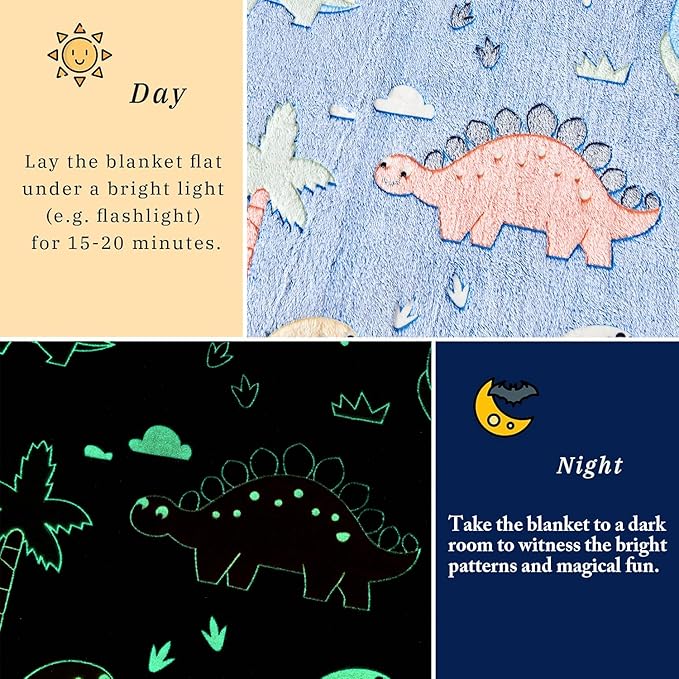 Wajade Dino Gifts Toys for Boys Girls - Glow in The Dark Dinosaur Blanket Birthday Christmas Decor for Kids Age 3 4 5 6 7 8 9 10 11 12 Years Old Teens Child Toddler Throw Colorful 60"x80"