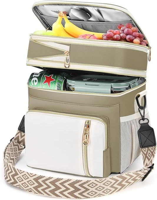 LOKASS Lunch Box for Women/Men-16L-Insulated Lunch Bag, Expandable Double-layer Leakproof Cooler Bag with Upgrade Adjustable Shoulder Strap Ideal for Work/Travel/Picnics（Beige&White）