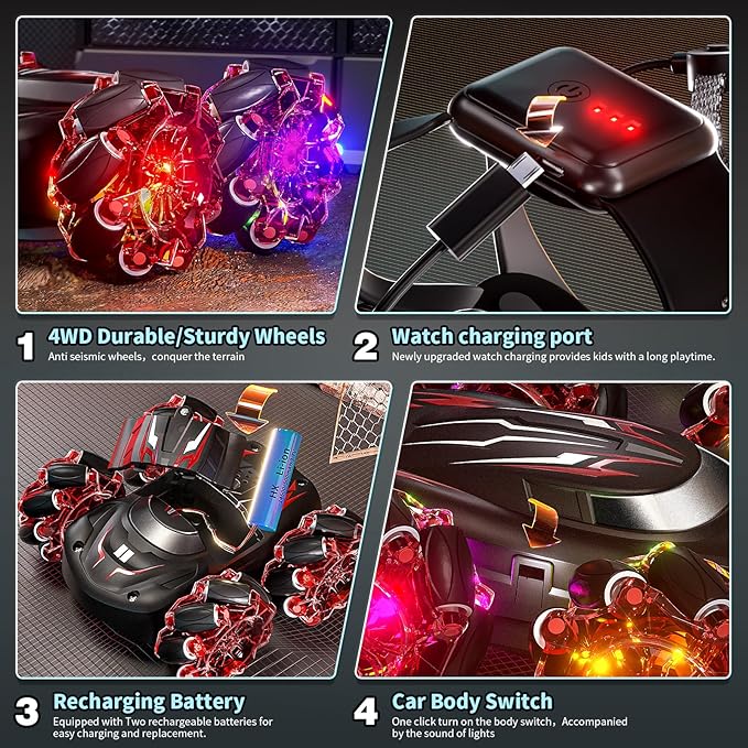 2.4GHz RC Stunt Car,4WD Double-Sided Gesture Sensing RC Cars,360°Flips Remote Control Car with Lights and Music for Boys Kids Birthday Gifts Age 6-12 Year Old (Red