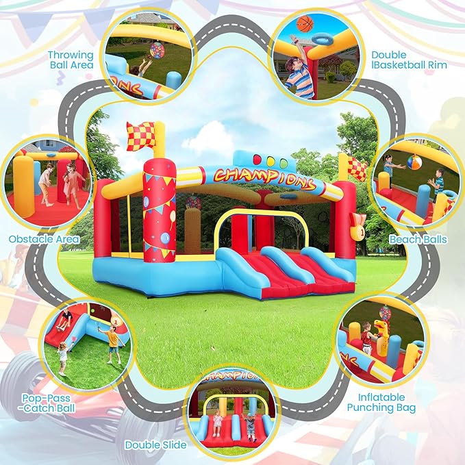 Big Inflatable Obstacle Bounce House for Big Kids, 13FT Outdoor Inflatable Bouncers, Double Basketball Hoop,Throw Ball Game,Punching Game,Jumping Bouncy Castle (Extra Large NO Blower)