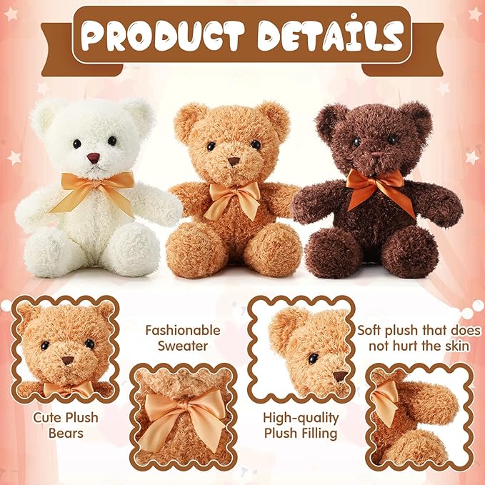 HyDren 12 Pack 12 Inch Stuffed Bear Animal Cute Bulk Plush Toys with Ribbon Bow Ties Soft Bears for Baby Shower Birthday Party Favors(Light Brown, Dark Brown, White)
