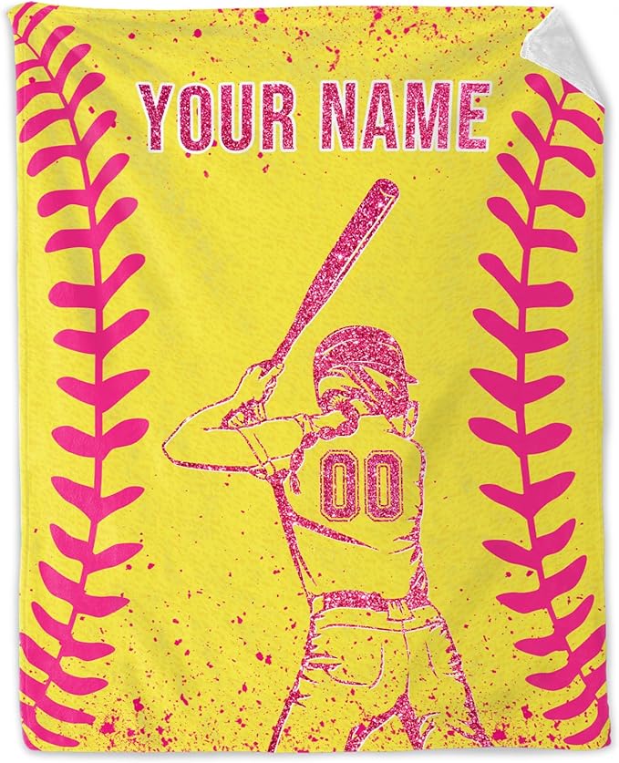 Personalized Softball Gifts for Girls - 30x40 Inches Softball Throw Blankets for Kids - Yellow Cool Lightweight Soft Blankets for Sofa, Lap & Office