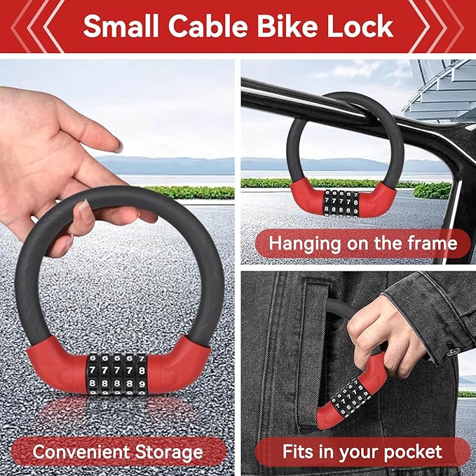 5 Digit Combination Bike Cable Lock, Lightweight Bicycle Lock Anti Theft Resettable Combination Portable Bicycle Cable Locks for Bike, 15inch, Red