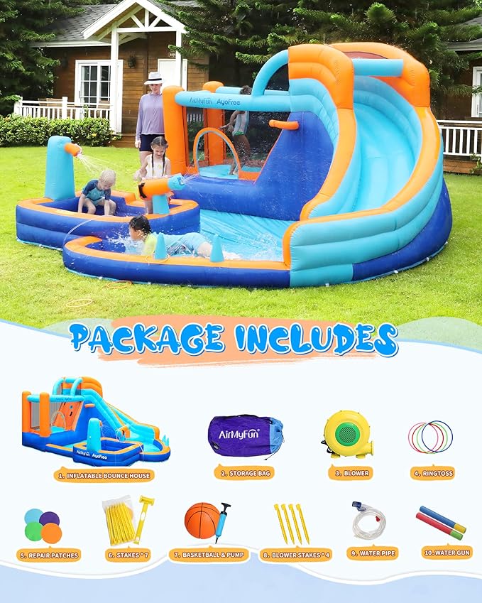 AirMyFun Inflatable Bounce House Water Slide with Curved Slide & Ball Pit Splash Pool - Kids Outdoor/Indoor Water Play Center for Backyard, Birthday Parties - Includes Basketball Hoop & Blower