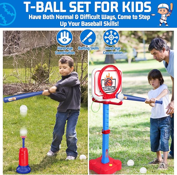 Tsomtto 4 in 1 Kids Basketball Hoop & T Ball Set Indoor Outdoor Toys for Toddlers 1-3 Adjustable Toddler Pool Basketball Hoop Goal Sports Outside Play Toys for 1 2 Year Old Boys Girls Birthday Gifts