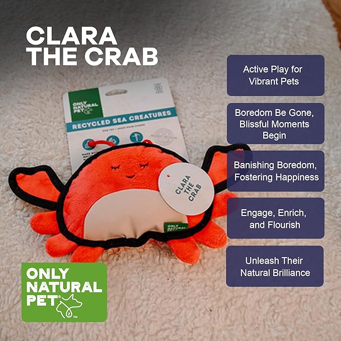 Only Natural Pet Sea Creatures Recycled Plush Dog Toys - Durable Double-Stitched Design with Internal Squeaker, Crinkle Pincers & Plush Feet - Stuffed Toy for Dogs, Pet Toy | Clara The Crab, 11" x 6"