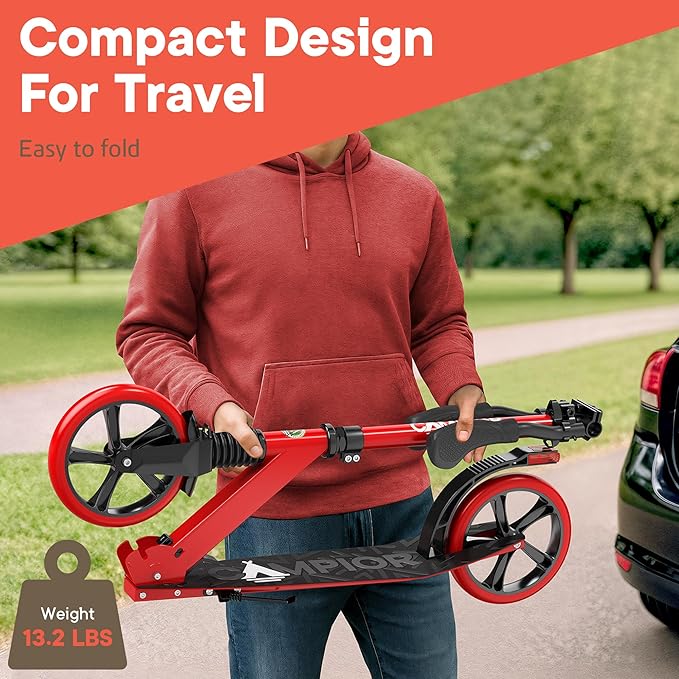 Kick Scooter for Ages 6+, for Kids, Teens, and Adults, Max Load 240 LBS, Foldable, 8-inch Big Wheels for Kids and Adults, with Kickstand, 3 Adjustable Levels, Child Safety Approved, Red