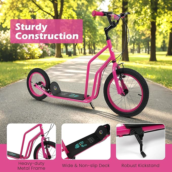 GYMAX Youth Scooter, Height Adjustable Kick Scooters with Extra Large Inflatable 16” Front & 14” Rear Wheels, Dual Hand Brakes & Kickstand, Heavy Duty Scooter for Teens Adults