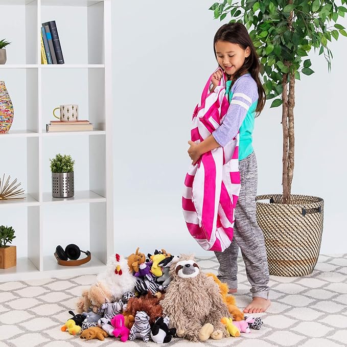 Posh Stuffable Kids Stuffed Animal Storage Bean Bag Chair Cover - Childrens Toy Organizer, Medium 27" - Canvas Stripes Pink and White