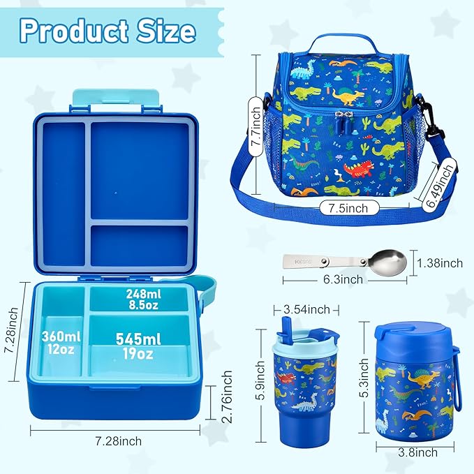 Bento Lunch Box for Kids with 17oz Soup Thermo,Insulated Tumbler Water Bottle and Insulated Lunch Bag,Leak-Proof 3 Compartment Lunch Food Container with Ice Pack for Kids to School-Dinosaur