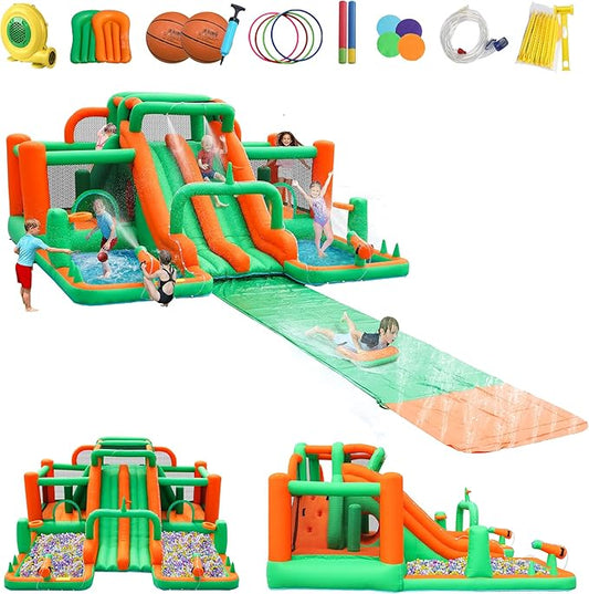 Waterslide Bounce House, Blow up Water Slide Bouncer with Slip and Slide, Water Bounce House for Big Kids, Inflatable Water Park for Backyard Summer Party