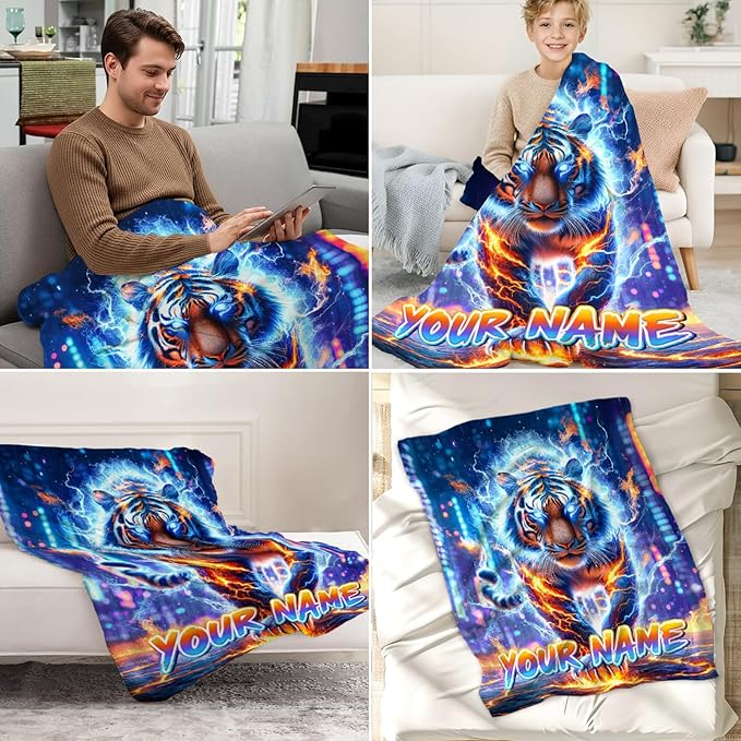 Personalized Tiger Kids Blanket Gift - Custom Men Cozy Throws for Bed, Couch, Living Room