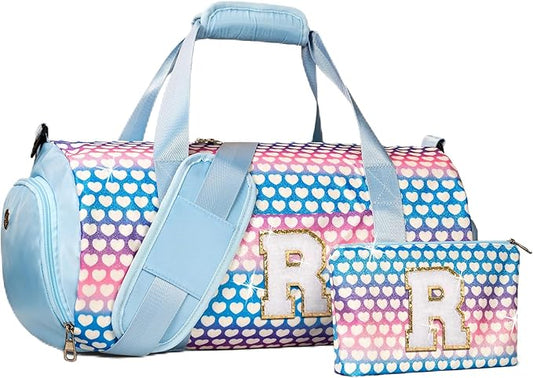 Teen Girl Birthday Gifts, Girls Travel Duffel Bag, Kids Initial Overnight Bags with Shoe Compartment, Initial Duffle Bag with Makeup Pouch, Stocking Stuffers for Toddler (Letter R)