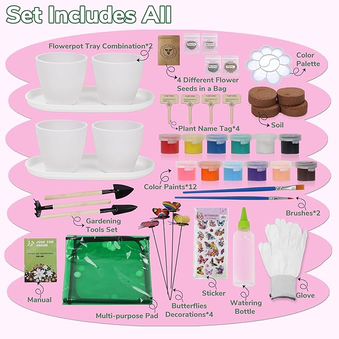 Paint & Plant Flower Gardening Kit with 4 Pots - Kids Gardening Set Ages 8-12, Spring Arts & Crafts Activities Kits, Educational Birthday/Easter Gifts for Boys & Girls Ages 5 6 7 9 10 11