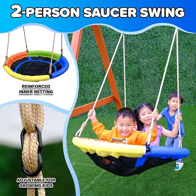 Sportspower™ Wildwood Wooden Swing Set: 2 Height Adjustable Swings and 40" Saucer Swing, Backyard Outdoor Playset for Kids