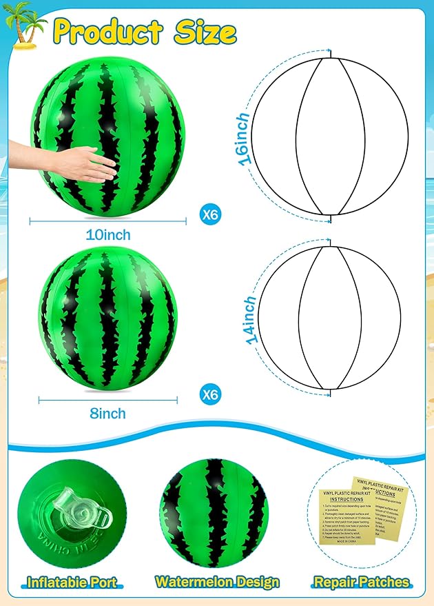 [ 10''+8'' ] 12 Pack Watermelon Beach Balls Bulk, Inflatable Swimming Pool Toys Mini Beach Ball for Kids Birthday Party Favors Outdoor Summer Games Fruits Theme Pool Party Decorations