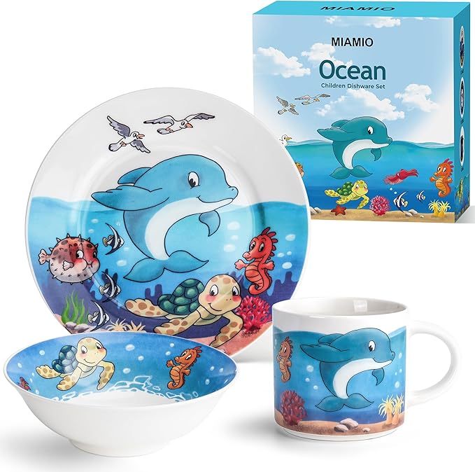 MIAMIO – Set of 3 Kids Dinnerware Set/Porcelain Children Dishes, Kids Dish Set, Children’s Tableware Set - Includes Plate, Bowl and Cup – For Kids and Toddler (Ocean)