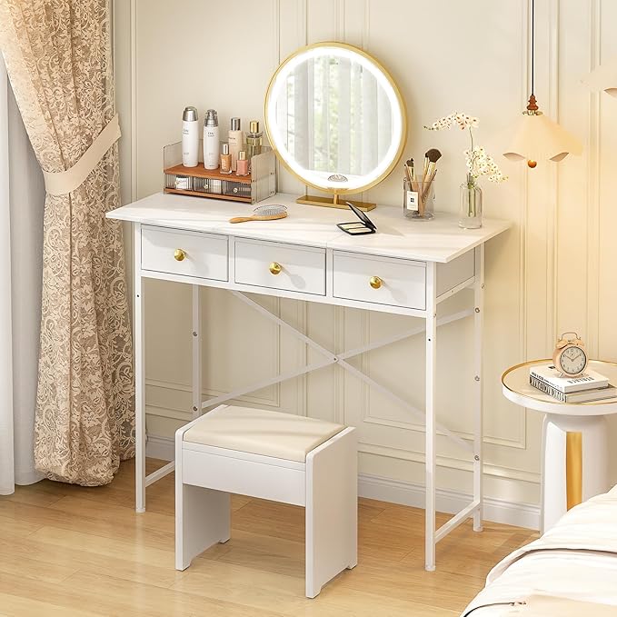 Makeup Vanity Desk No Mirror, 37.2 Inch Vanity with 3 Drawers, Girls Vanity Dressing Table for Bedroom, Small Vanity Table Home Office Desk for Small Spaces, White
