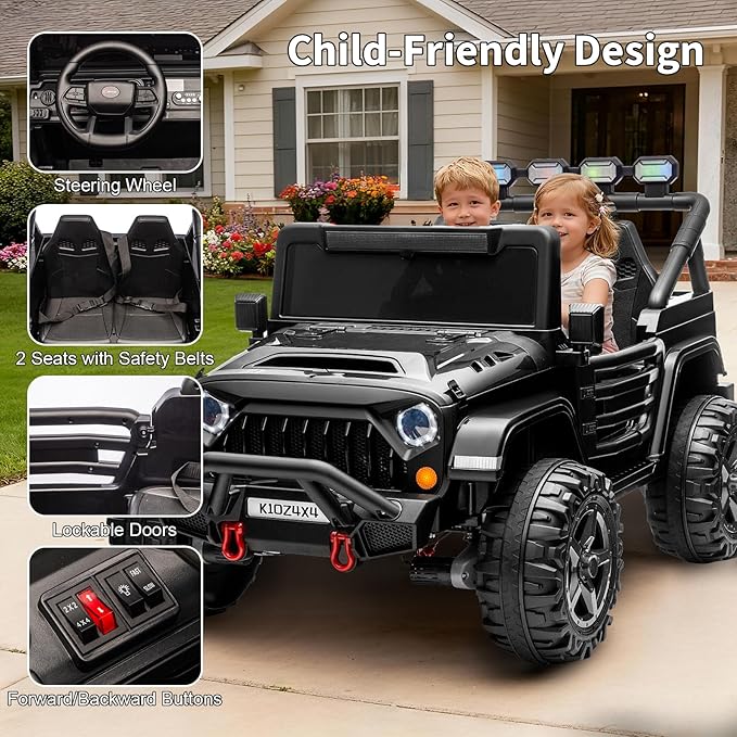 2 Seater Ride on Car Toy for Kids, 24V 4x4 Ride-on Truck, w/Parent Control, Soft Start, 3 Speed, 4-Wheeler Suspension, Bluetooth, LED Lights, Electric Car for Kids Toddler Ages 3-8, Black