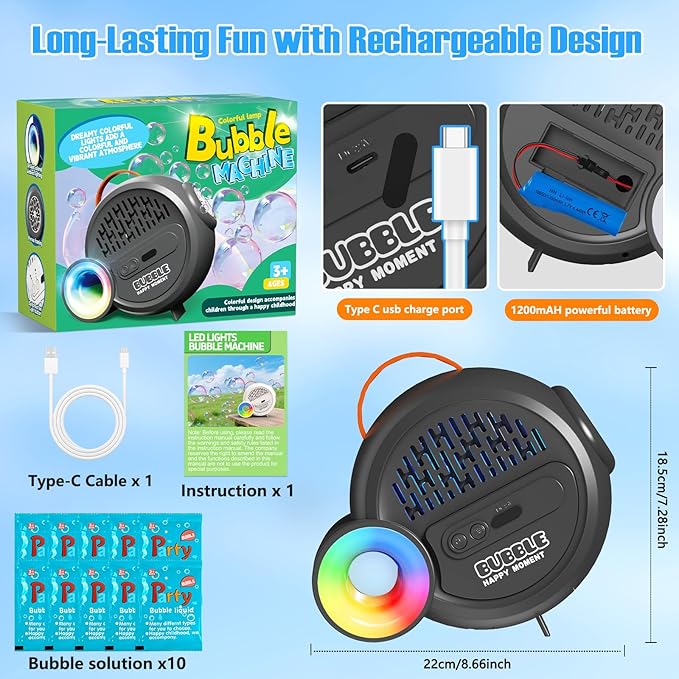 Bubble Machine for Kids Toddlers,Automatic Bubble Maker with RGB Light,Rechargeable Type-C Charge Bubble Blower,Bubble Toy for 3 4 5 6 7 Year Old Boy Girl,Outdoor Party Wedding Birthday Gifts(Gray)