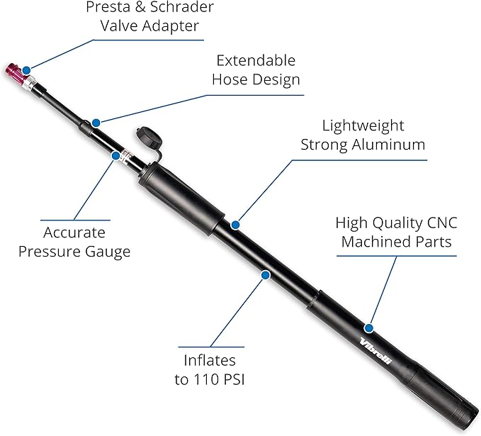 Vibrelli Mini Bike Pump - Presta & Schrader Bicycle Pump - 120 PSI Tire Pump for Road & MTB - No Valve Changing Needed