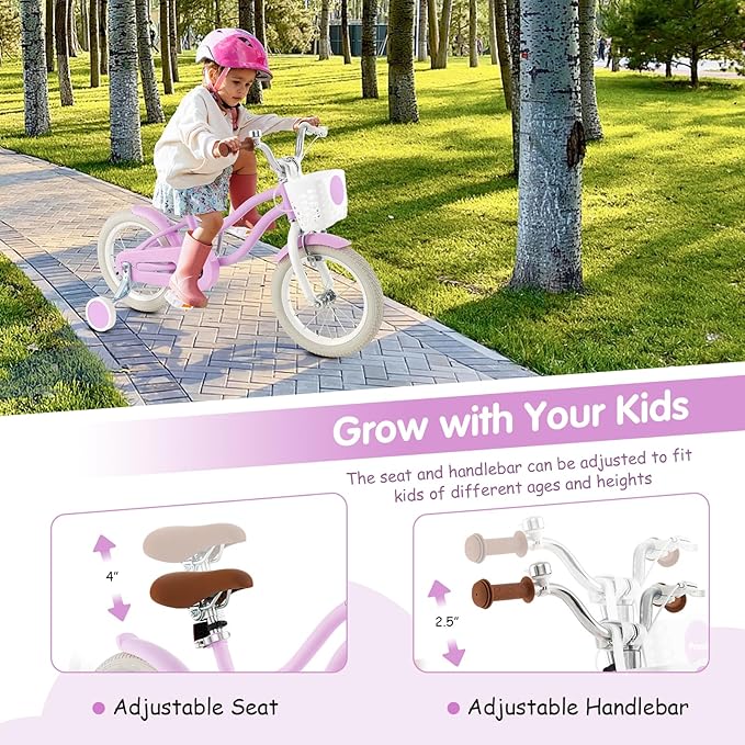 HONEY JOY Kids Bike, 12 14 16 18 20 Inch Toddler Bikes w/Training Wheels, Handbrake & Coaster Brake, Fully Enclosed Chain, Adjustable Handlebar & Seat, Kids Bicycle w/Basket, Girls Boys Bike 3-8