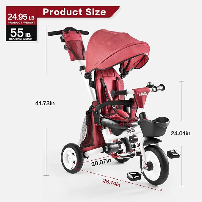 JMMD Baby Tricycle, 7-in-1 Folding Kids Trike with Adjustable Parent Handle, Safety Harness & Wheel Brakes, Removable Canopy, Storage, Stroller Bike Gift for Toddlers 18 Months - 5 Years(Red)