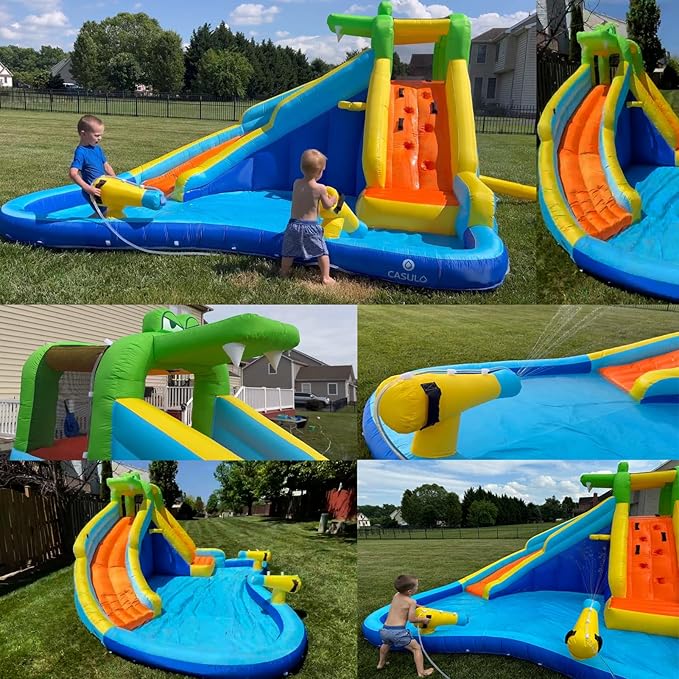 AKEYDIY Inflatable Water Slide for Kids 3-12,Crocodile Cove Water Park with Splash Pool,Water Cannon, Climbing Wall, Kids Inflatable Water Park Slide for Backyard Summer