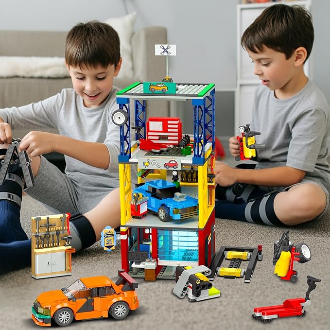 HOGOKIDS City Car Garage Building Set, 1022 PCS 3 in 1 Auto Repair Shop, Gas Station, Car Wash Building Block with 2 Custom Cars Pretend Play Mechanic Toy Birthday Gift for 10+ Kids Boys Teens Girls