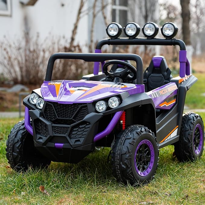 24V 2-Seater Kids Ride-On UTV, 4WD Electric Car with Parent Remote Control, 4x200W Motor, LED Headlights & Searchlights, Bluetooth Music, Spring Suspension, 3-Speed Off-Road Toy Gift, Purple