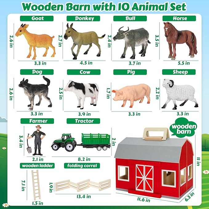 GMAOPHY Farm Animals Toys for 3+ Year Old Toddlers Girls Boys, Big Wooden Barn Farm with Figures Animals Toy for Kids, Farm Playset Educational Learning Toys, Ideal Christmas Birthday Gifts