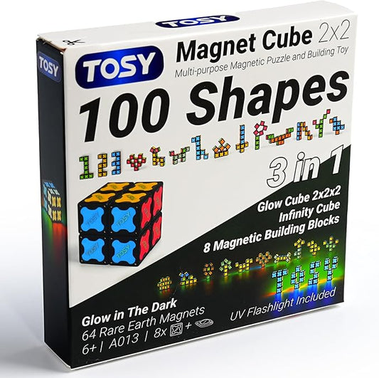 TOSY Magnet Cube 2x2 - 8 Blocks, 2in1 Toy: 2x2x2 Puzzle Cube and Customizable Infinity Cube, Glowing, Christmas Stocking Stuffers Gift for Kids/Grankids, UV Flashlight, Sensory/STEM Toy