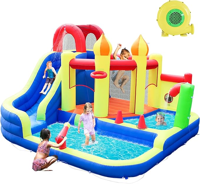 Blow Up Water Slides for Kids Backyard, Large Jumping Bouncy Castle for Kid Outdoor, 8in1 Inflatable Bounce House with 450W air Blower