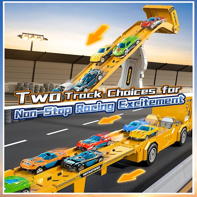 Transport Truck Toys for 3 4 5 6 7 Years Old Boys,Toy Cars Track Set Transporter Trucks with 12 Die-Cast Car Toys 2 Race catapults Dual-Track Model,Toddler Set for Kids Boys Girls,Yellow