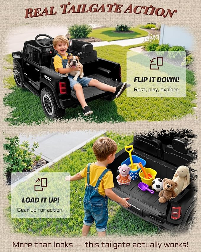 24V Ride on Toys for Big Kids, Licensed RAM 1500 RHO Electric Car for Kids w/Remote Control, Ride on Truck w/Bluetooth, LED Lights, Truck Bed Storage, Gear Shifter & Soft Start (Black)