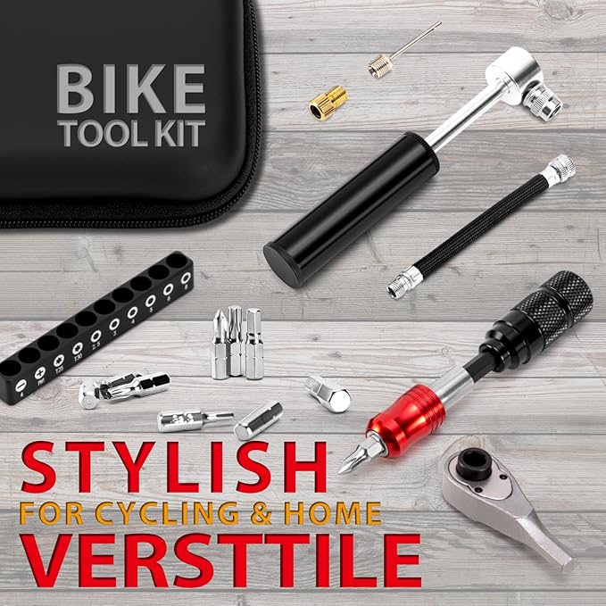 EMERK Bike Repair Tool Kit – Bicycle Multi-Tool Kit with Mini Pump, Ratchet Reversible Tool &10 Tool Bits, Tire Levers, and Portable Bag for Camping and Travel