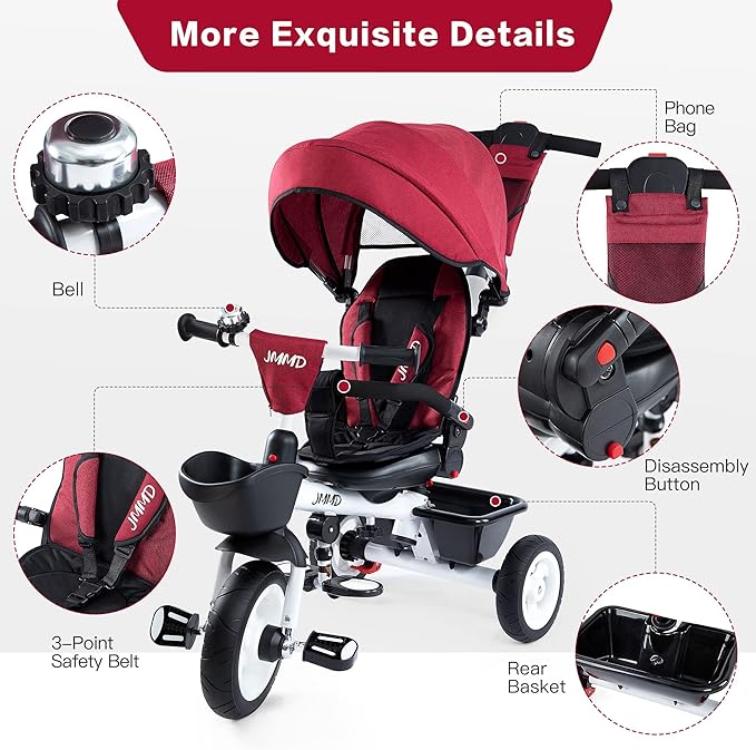 JMMD Baby Trike, 6-in-1 Kids Stroller Tricycle with Adjustable Push Handle, Removable Canopy, Safety Harness for 6 Months - 5 Year Old(Red)