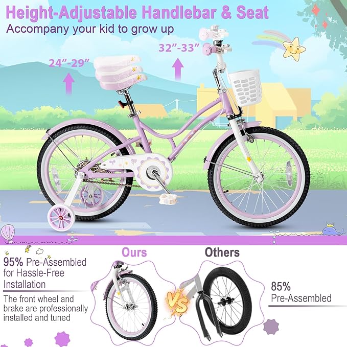 HONEY JOY Kids Bike, 12 14 16 18 20 Inch Toddler Bikes w/Training Wheels, Handbrake & Coaster Brake, Fully Enclosed Chain, Adjustable Handlebar & Seat, Kids Bicycle w/Basket, Girls Boys Bike 3-8