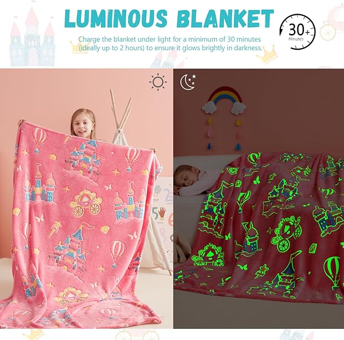 Glow in The Dark Castle Blanket,Castle Gifts Toys for Girls,Birthday Presents Decor for Kids Age 3-14 Year Old Daughter Teen Child Toddler Soft Luminous Christmas Bedroom Throw Blanket 50"x60"