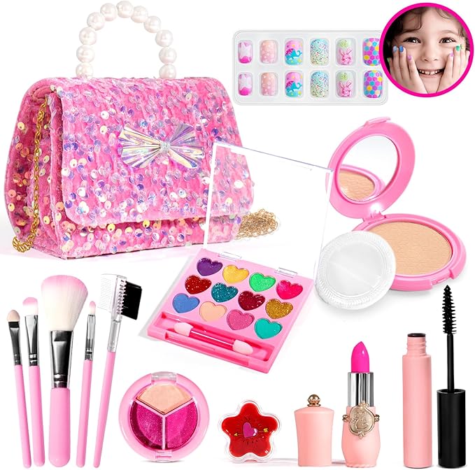 ULOVEME Kids Real Makeup Kit for Little Girls - Real, Non Toxic, Washable Make Up Toy - Umicorn Toys Gift for 3 4 5 6 7 8 9 10 12 Years Old Girls Birthday (Sequin Purse)