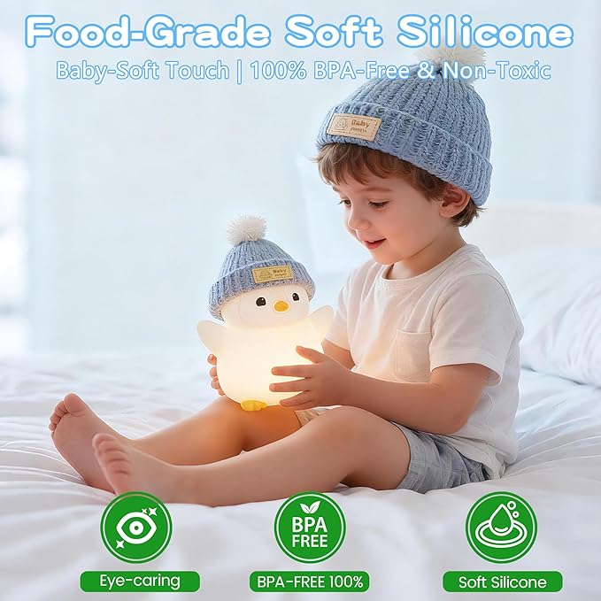 Penguin Night Light for Kids, Adorable Penguin Lamp with Hat, Food Grade Silicone Nursery Nightlight, Rechargeable/Dimmable/Timer,LED Squishy Novelty Animal Bedside Lamp,Funny Gifts for Boys